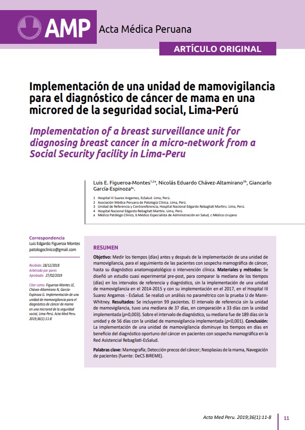 Implementación de una unidad de mamovigilancia para el diagnóstico de cáncer de mama en una microred de la seguridad social, Lima-Perú