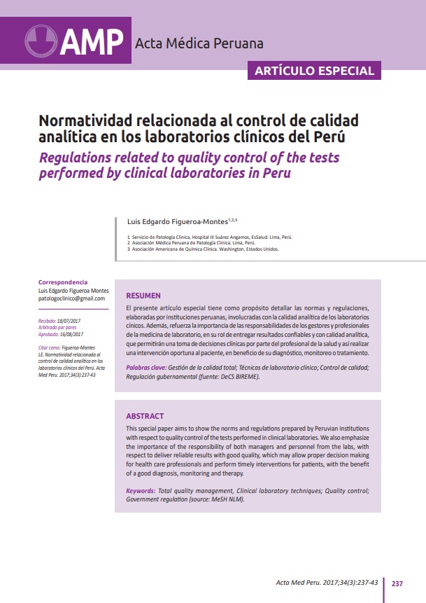 Normatividad relacionada al control de calidad analítica en los laboratorios clínicos del Perú