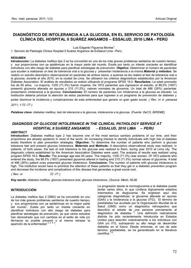 DIAGNÓSTICO DE INTOLERANCIA A LA GLUCOSA, EN EL SERVICIO DE PATOLOGÍA CLÍNICA DEL HOSPITAL II SUÁREZ ANGAMOS – ESSALUD, 2010 LIMA - PERÚ