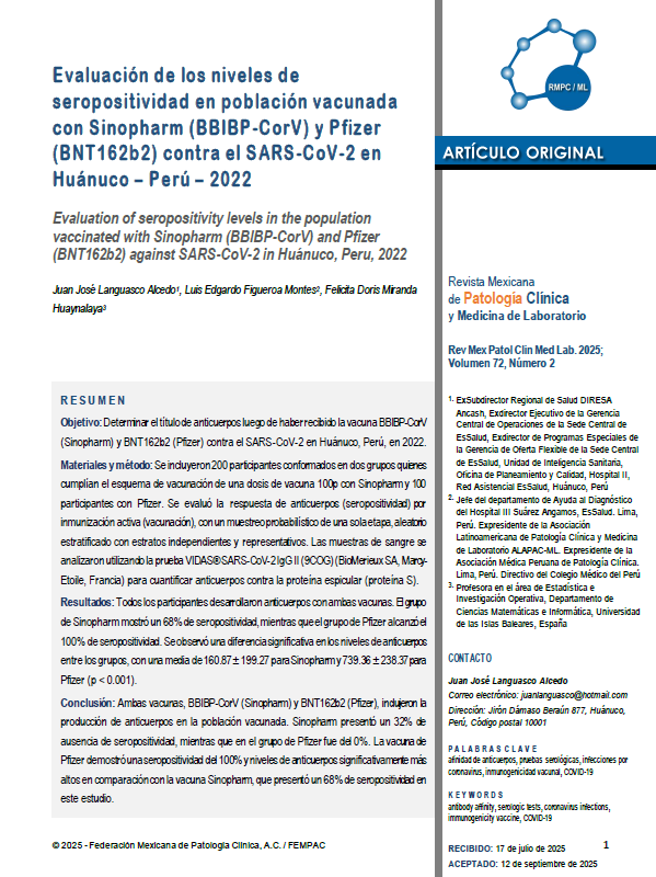 Evaluación de los niveles de seropositividad en población vacunada con Sinopharm (BBIBP-CorV) y Pfizer (BNT162b2) contra el SARS-CoV-2 en Huánuco – Perú – 2022